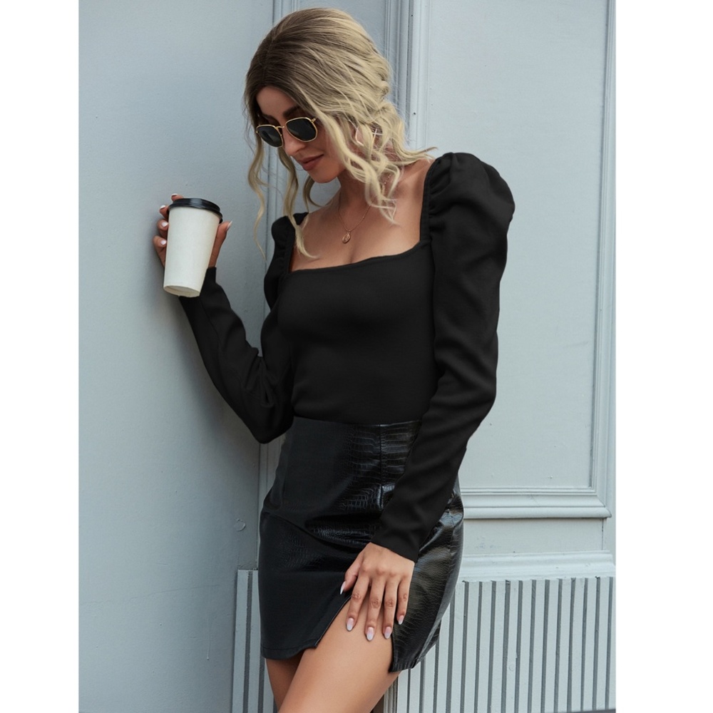 Puff Shoulder Square Neck Black Knit Top - Picture 5 of 8